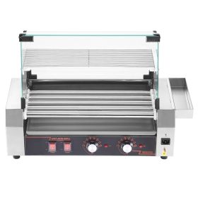 Hot Dog Roller, 12 Hot Dog 5 Rollers, Stainless Steel Sausage Grill Cooker, 750W Commercial Hot Dog Machine with Dual Temp Control, Cover