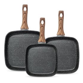 Nonstick Frying Pan Skillet Set, 3 Piece Square Grill Pans with Stay Cool Handle & PFOA Free, Compatible with All Stovetops(9.5" 10" 11") (Color: BLACK)