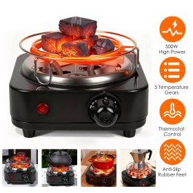 Electric Charcoal Burner 500W Hookah Charcoal Burner Compact Coal Burner for Hooka Cubes Shisha with Grill and Tongs 5 Temperature Gears 338°F-10 (Color: BLACK)